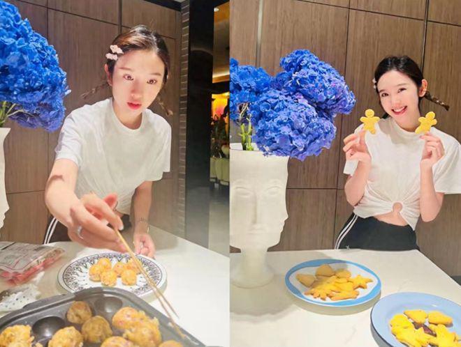 唐艺昕首晒3岁女儿，母女一起做饼干，小公主扎哪吒头超可爱