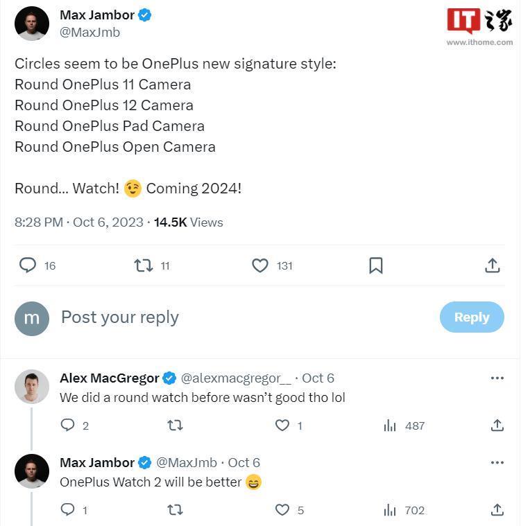 消息称一加智能手表 OnePlus Watch 2 明年发布