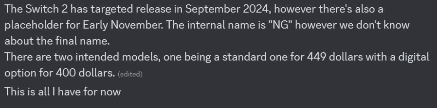 消息称任天堂 Switch 2 瞄准 2024 年 9 月 24 日发布，400美元起