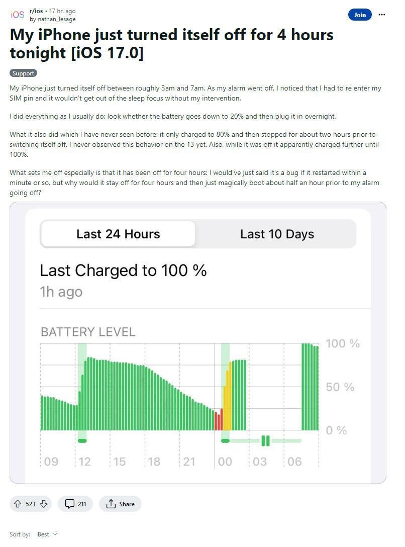 苹果 iPhone 用户反馈夜间会自动关机一段时间