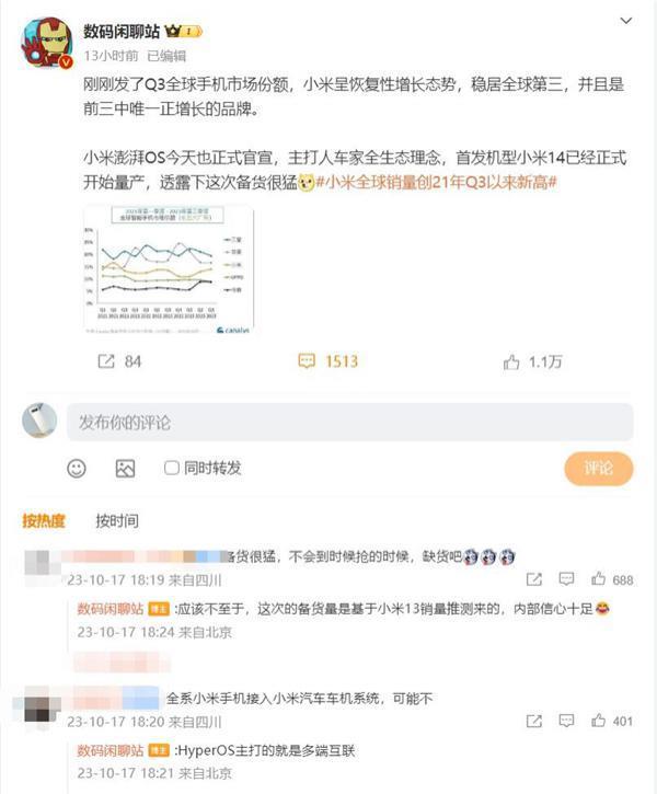 首发自研澎湃OS！曝小米14备货量很猛