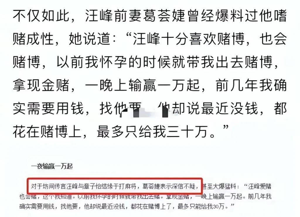 汪峰前妻葛荟婕曾曝汪峰嗜赌成性：拿现金赌一晚上输赢一万起