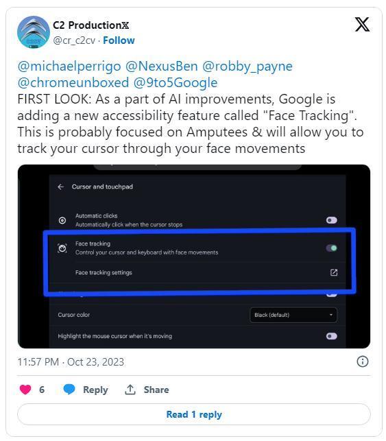 谷歌测试 ChromeOS 新辅助功能:追踪用户面部来操控鼠标键盘