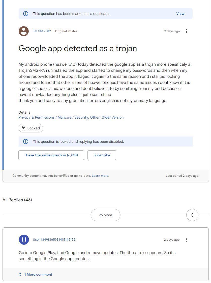 大量海外华为 / 荣耀用户反馈称 Google 应用被手机识别为木马