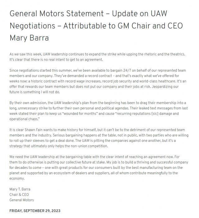 通用汽车：UAW 有意将成员拖入一场漫长的、不必要的罢工