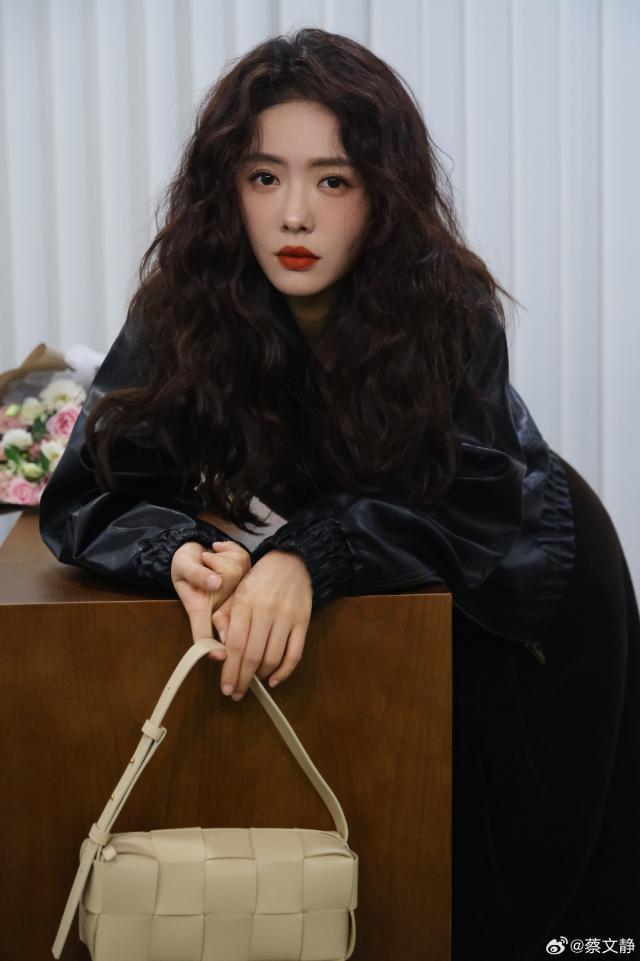 蔡文静穿皮衣酷飒有型 卷发红唇魅力满分