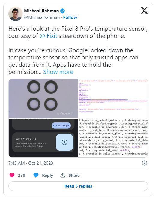 谷歌锁定 Pixel 8 Pro 手机温度传感器，第三方应用暂时无法调用