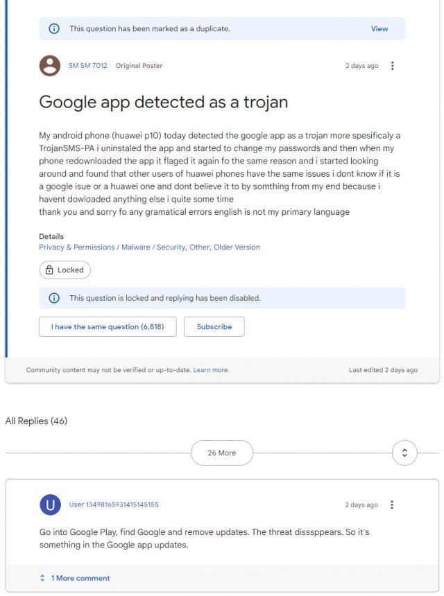 大量海外华为 / 荣耀用户反馈称 Google 应用被手机识别为木马