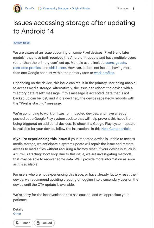 谷歌承认多用户功能将导致Pixel手机升级 Android 14 失败