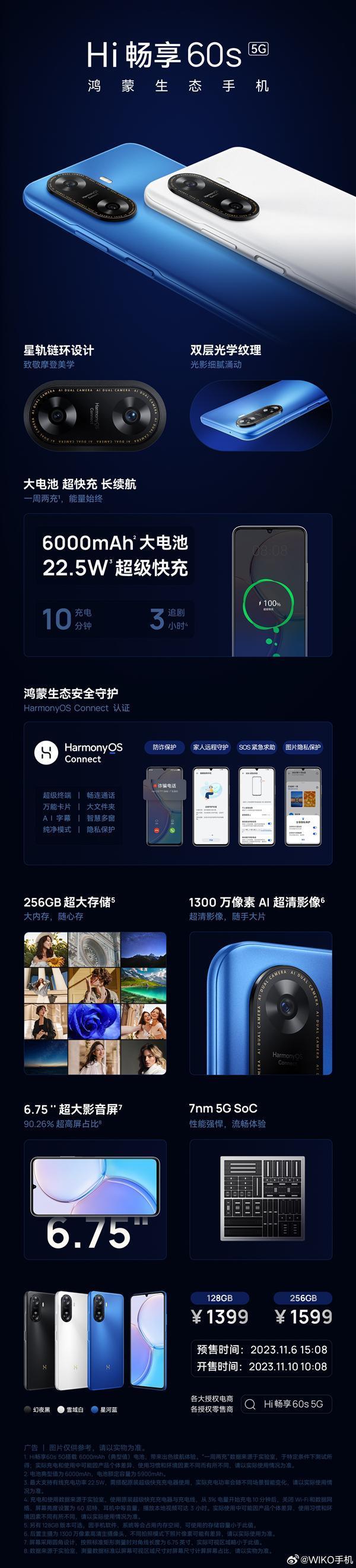首款6000mAh 5G鸿蒙生态手机！WIKO Hi畅享60s发布：1399元起