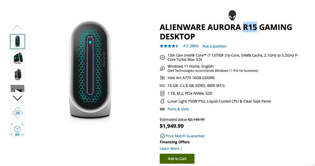 外星人推出搭载英特尔 A770 显卡的 R15 台式机，售价 1950 美元