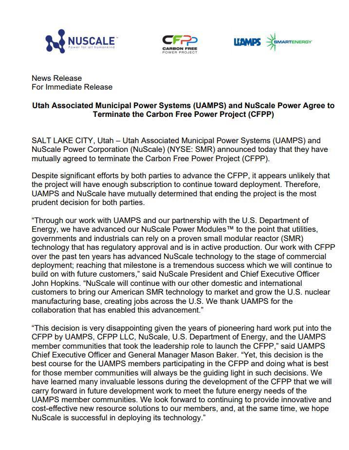 美国首座小型核反应堆计划已被取消