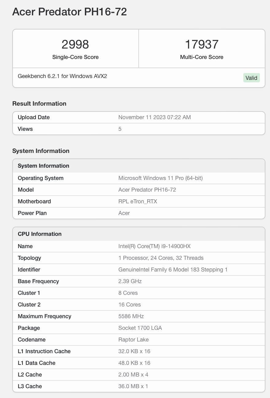 英特尔 i9-14900HX 处理器曝光：睿频可达 5.8GHz