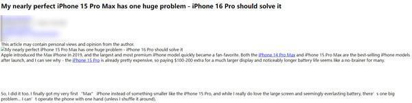 外媒：iPhone 15 Pro Max近乎完美 但有一个大问题