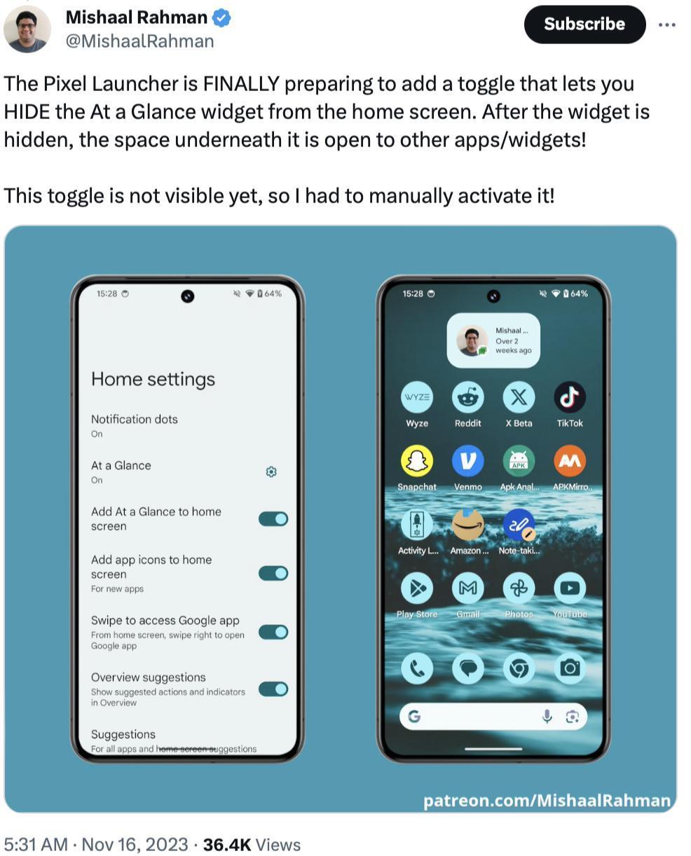 Android 14 QPR2 细节：谷歌 Pixel 可关闭At a Glance功能