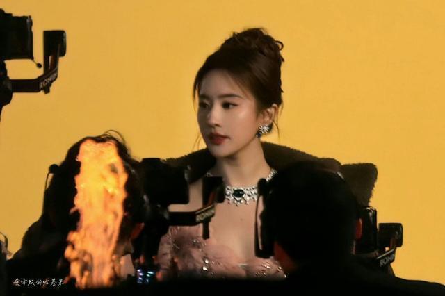 刘亦菲穿粉色羽毛一字肩长裙 盘发造型气质温婉似公主