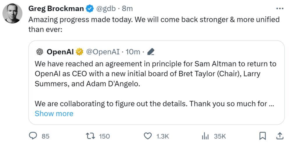 Altman大胜收局：重返OpenAI任CEO，董事会重组