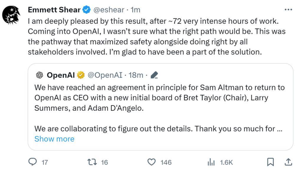 Altman大胜收局：重返OpenAI任CEO，董事会重组