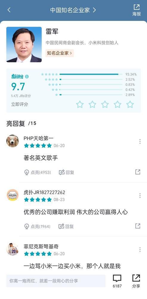 虎扑知名企业家评分 雷军9.7分第一 热评看笑了