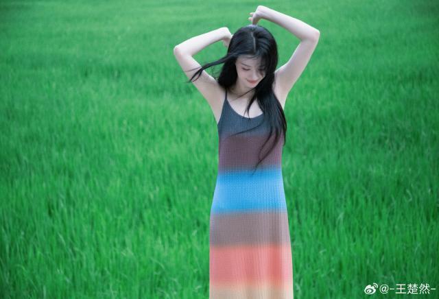 王楚然穿吊带裙清纯可人 置身田野治愈美好