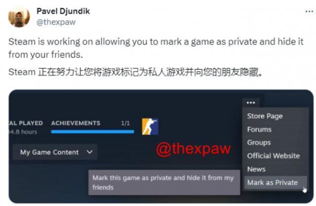 Steam 新功能可将某款游戏单独设为私密状态，并向好友隐藏