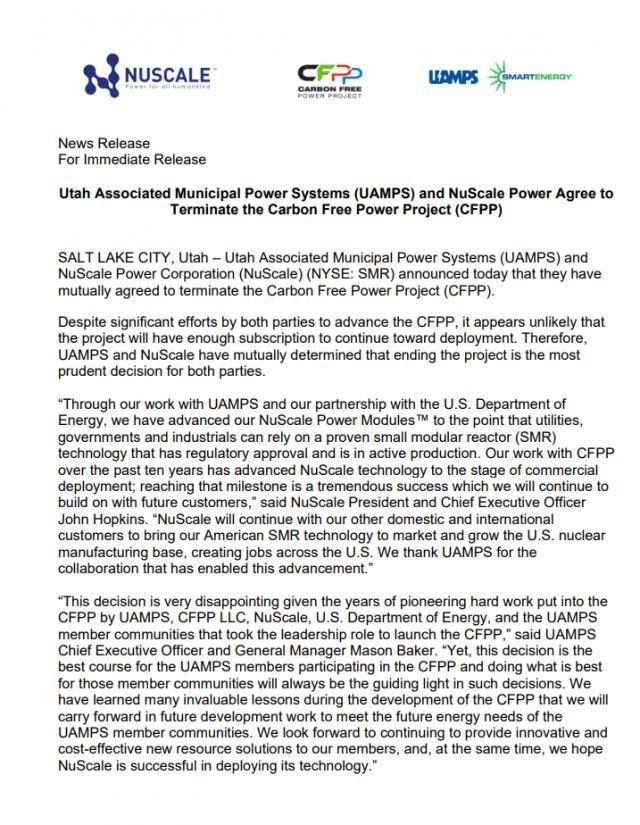 美国首座小型核反应堆计划已被取消