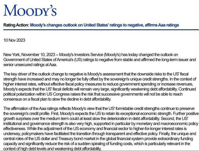 巴菲特持股的穆迪公司将美国主权评级展望调整至负面