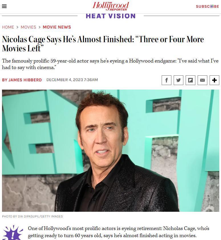 尼古拉斯·凯奇或将退出演艺圈，把时间留给1岁半的女儿