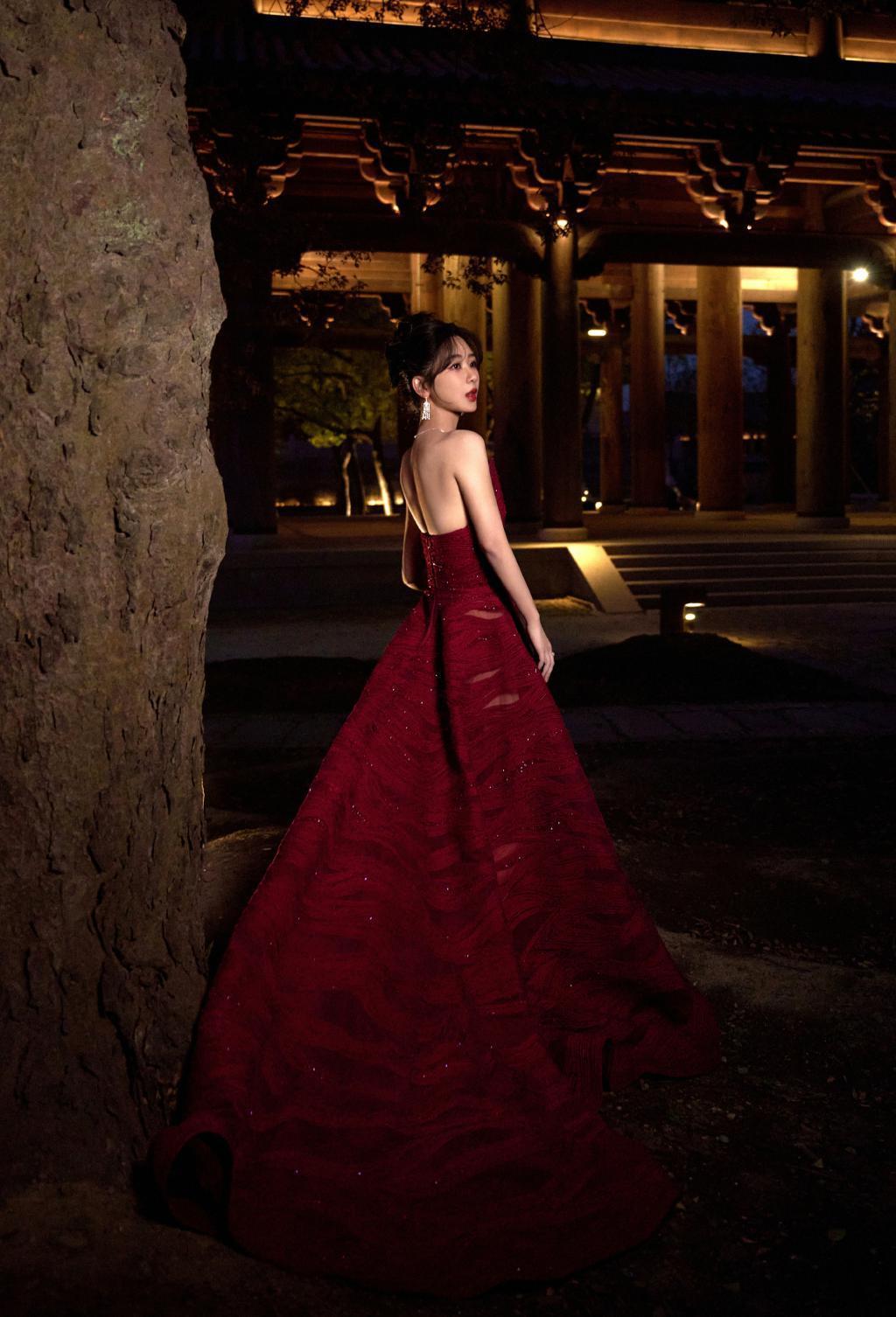 杨紫穿紫红色抹胸裙秀香肩 化身暗夜玫瑰