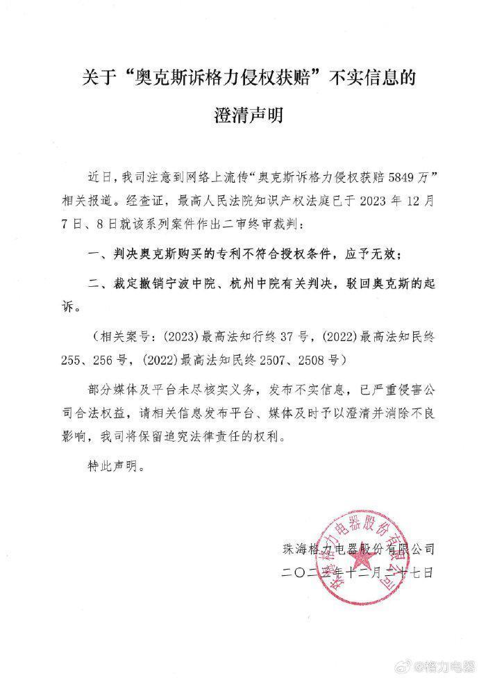 格力回应“被判赔偿奥克斯共 5849 万元”：不实信息