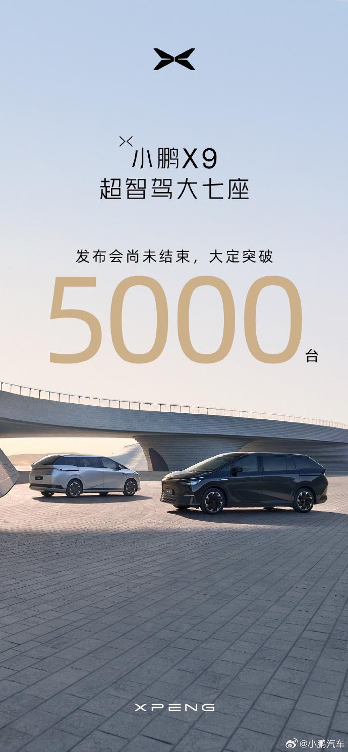 小鹏汽车：上市发布会还未结束，小鹏 X9 大定已突破 5000 台