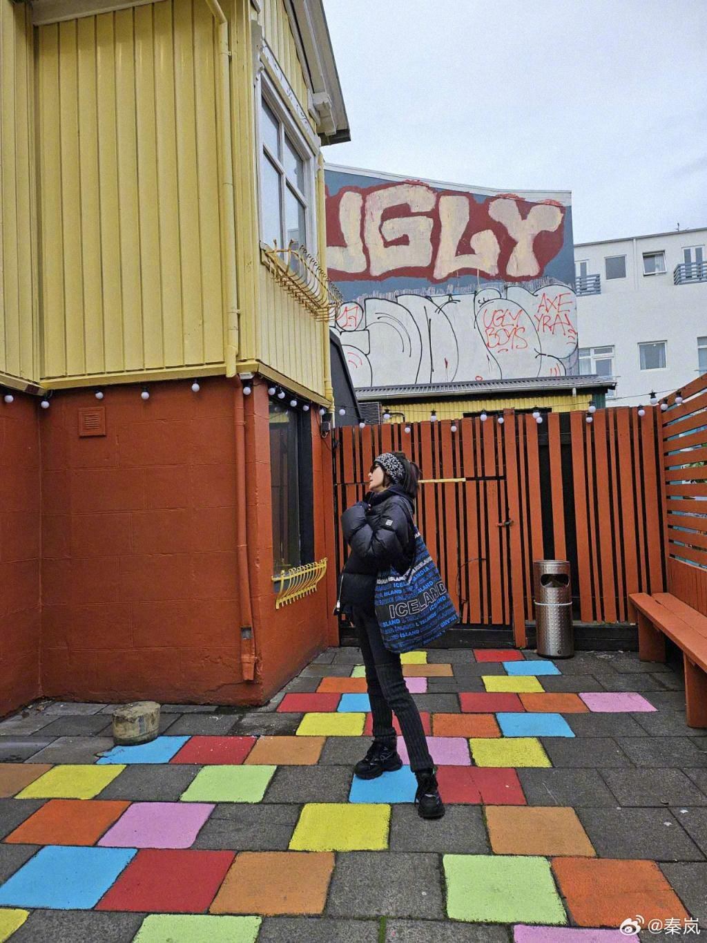 秦岚晒旅行照 裹羽绒服束发带保暖又时尚