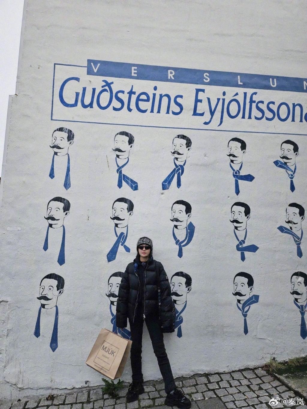 秦岚晒旅行照 裹羽绒服束发带保暖又时尚