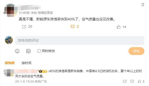 大V吐槽新能源汽车渗透率快40%了 空气也没见改善