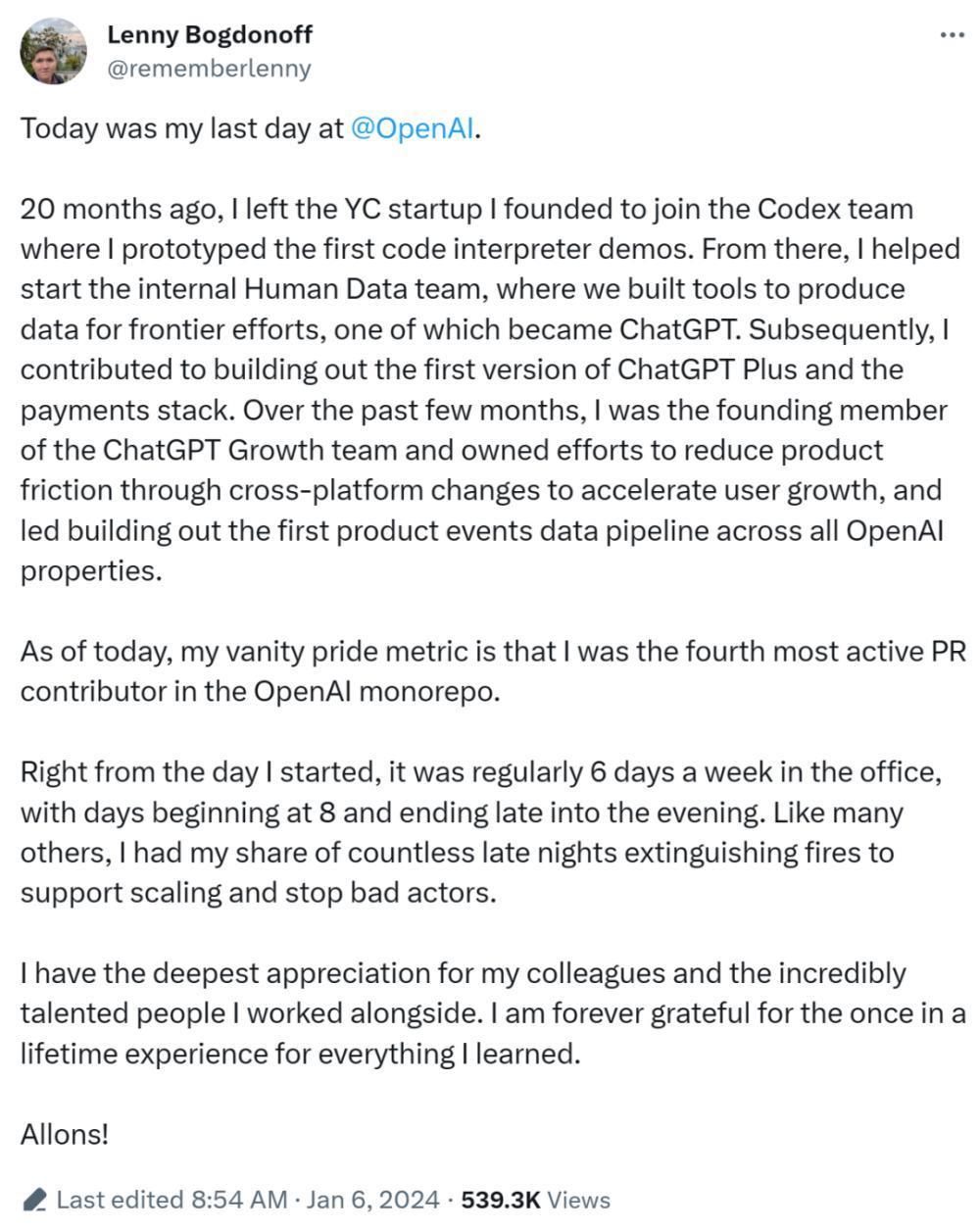 OpenAI也在996？一位离职员工自白：代码贡献第四，经常工作6天