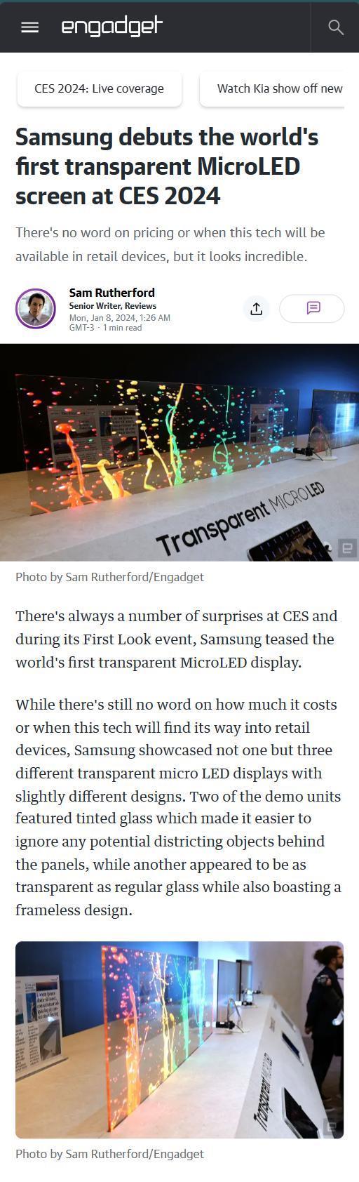 三星在 CES 2024 推出全球首款透明 MicroLED 显示屏