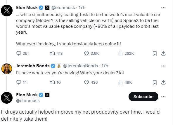 马斯克再回应某日报：如果毒品能提高工作效率，我肯定会用
