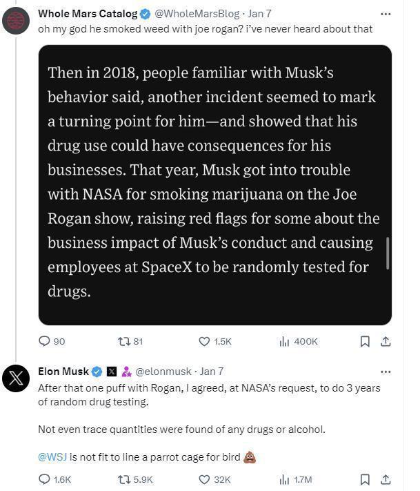 马斯克再回应某日报：如果毒品能提高工作效率，我肯定会用