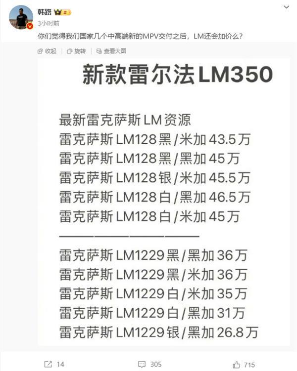 雷克萨斯LM加价加出一台宝马5系 博主：国产高端MPV交付后还会加吗