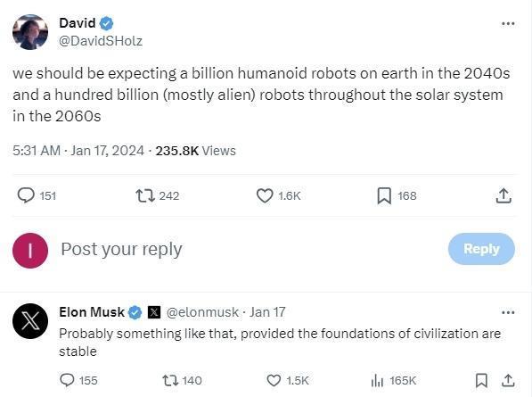 马斯克支持大胆预言：20年后地球上将有大约10亿个人形机器人