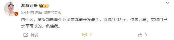 曝某头部电商企业急招鸿蒙开发高手 年薪超过百万