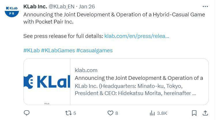 KLab株式会社宣布与《幻兽帕鲁》开发商共同开发混合休闲手游