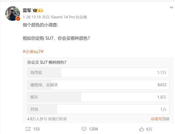 小米SU7海湾蓝和Tiffany蓝差别很大！雷军：海湾蓝是蓝色和绿色的临界色