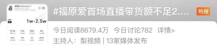热搜第一！福原爱现身带货，成交额仅2.3万