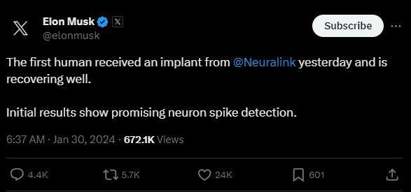 重大突破！马斯克宣布首例人类大脑芯片植入：恢复良好