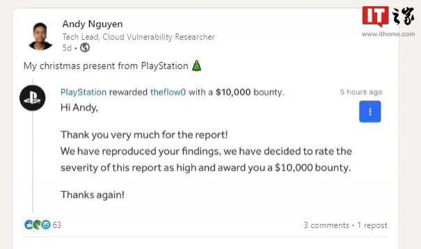黑客发现索尼 PlayStation 关键漏洞，获得 10000 美元赏金