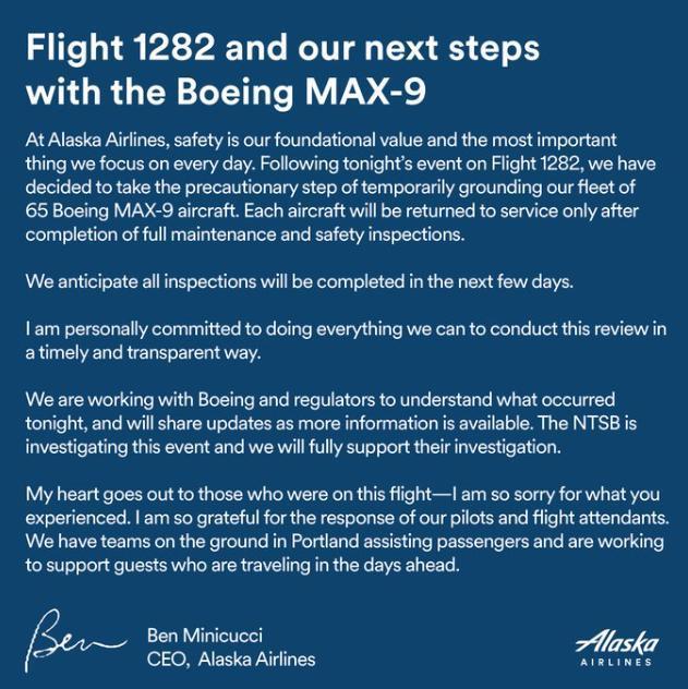 美国阿拉斯加航空宣布停飞 65 架波音 737 MAX 9 飞机