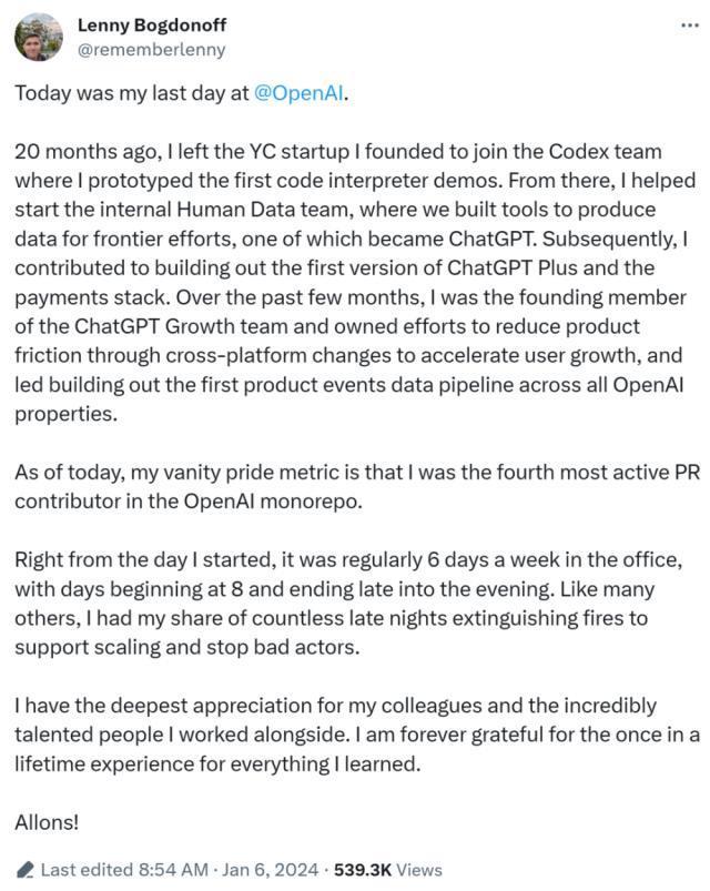 OpenAI也在996？一位离职员工自白：代码贡献第四，经常工作6天