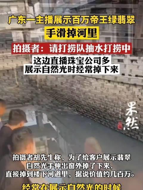 主播展示百万帝王绿翡翠手滑掉河里被吐槽浪费资源：打捞队抽水打捞