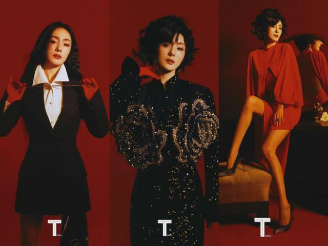 杨幂登杂志封面，穿露背红裙大秀美腿，港风卷发复古摩登